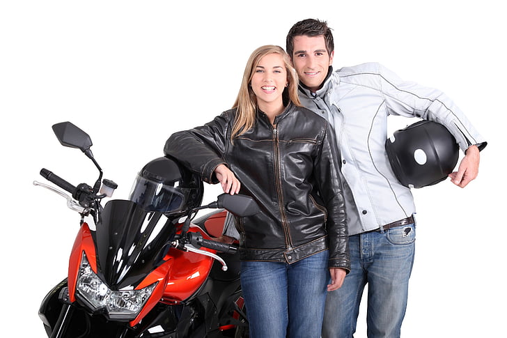 moto, ciclistes, dona, home, parella, moto, vehicle