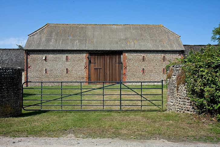 farm, building, barn, large, stone, gate, farmland