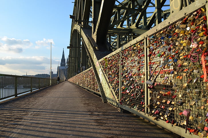 Köln panorama, Hohenzollern-bron, Kölnerdomen, kärlek lås, platser av intresse, turistattraktion, valv