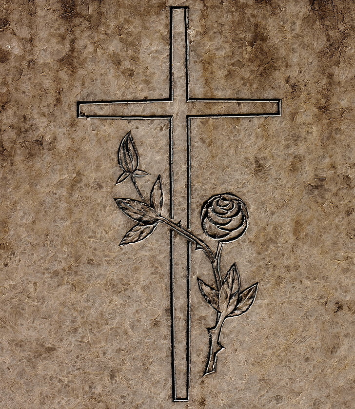 cross, granite slab, pattern, roses, grey, stone, tombstone