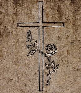 Cross, granit platta, mönster, rosor, grå, sten, tombstone