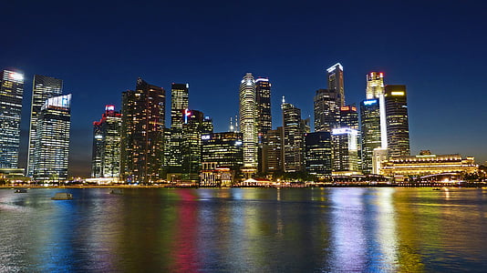 Rio de Singapura, linha do horizonte, edifício, água, área financeira, arranha-céu, arquitetura