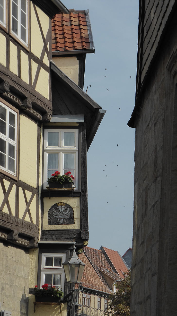 rácsos, haza, fachwerkhaus, óváros, ablak, Quedlinburg, kiugró ablakfülke