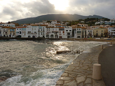 zee, stad, zonsondergang, Cadaqués, Spanje