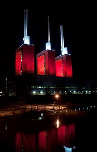 Hannover, éjszaka, Alsó-Szászország, Linden, erőmű, világítás, folyó