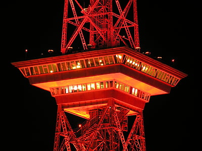 červená, osvetlené, Satelitná, veža, Čas, Radio Tower, Berlín, noc