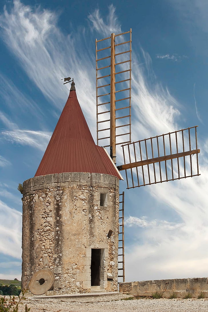 mill, air, south of france, blue sky, nature, mill blades, historic building