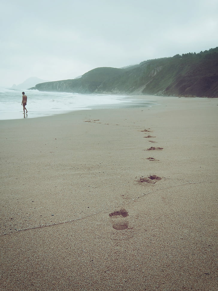Playa, huellas, Dom, hombre, desnudo, mar, pasos