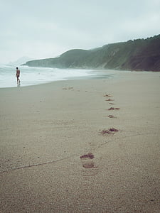 beach, footprints, dom, man, naked, sea, steps