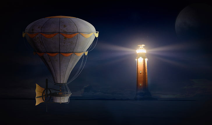 balloon, lighthouse, night sky, glow, night, sea, atmospheric