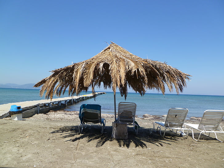 parasol, silla de playa, Playa, mar, Corfú