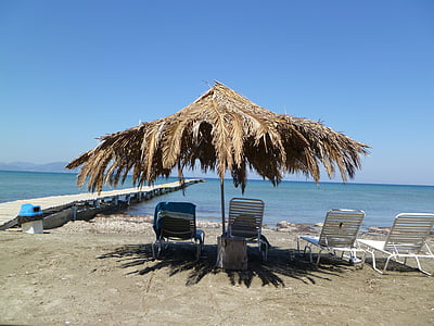 parasoll, strandstol, stranden, havet, Korfu