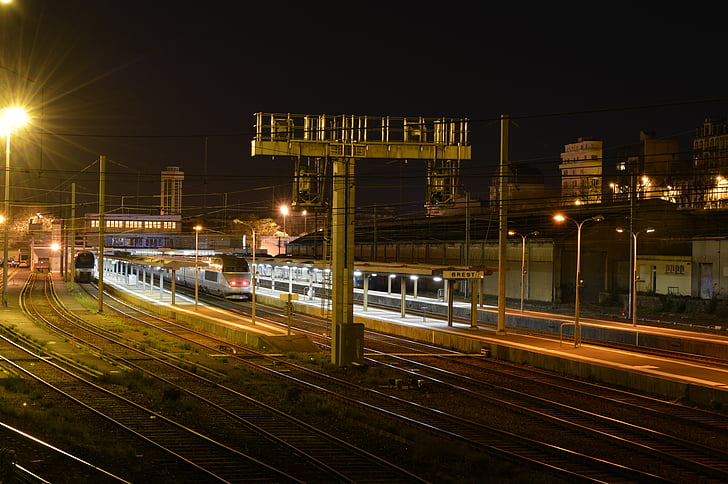 Brest, město, noční, nádraží, Francie, Finistère, světla