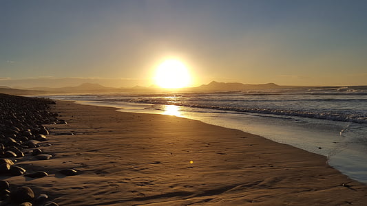 Famara, Lanzarote, Kanarieöarna, havet, landskap, solnedgång, stranden