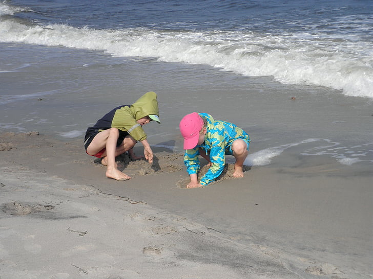 children, baltic sea, play, beach, water, coast, usedom