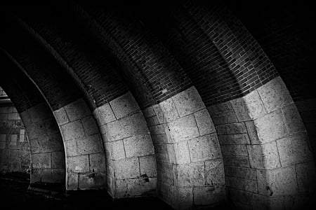 black-and-white, brick wall, curve, dungeon, old, perspective, tunnel