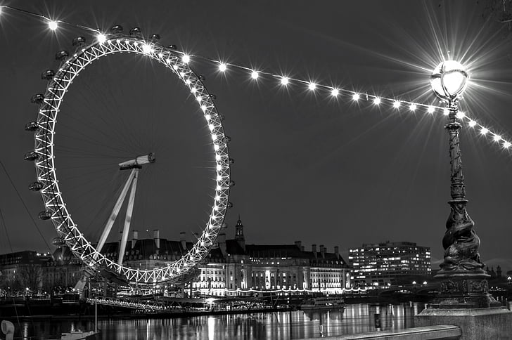 London Eye-maailmanpyörä, pitkän altistuksen, musta ja valkoinen