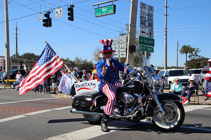 oncle sam, bénévoles, défilé, FAIRTAX, moto, drapeau, force de police