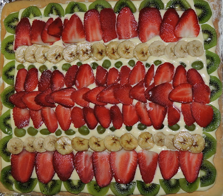 tårta, jordgubbe, ljus, Födelsedag, Söt, banan, Kiwi