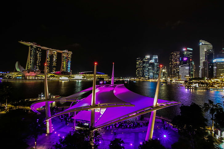 naktī, arhitektūra, pilsēta, Singapūra, centrs, siluets, tornis