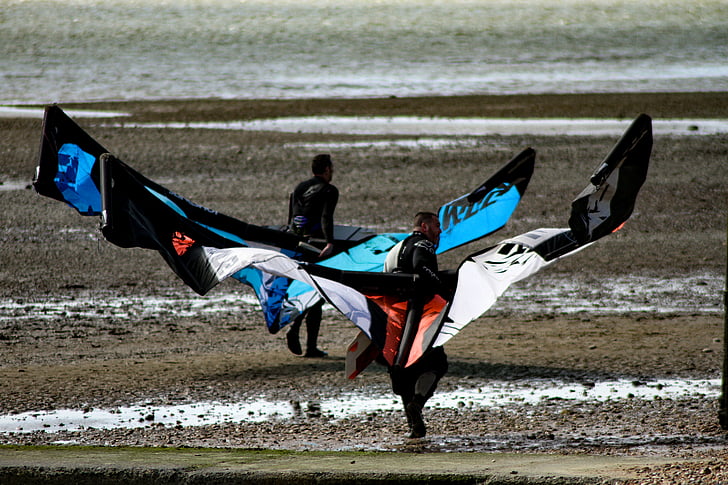 Kite, esportes de kite, kite surf, homens, lama, mar, esportes