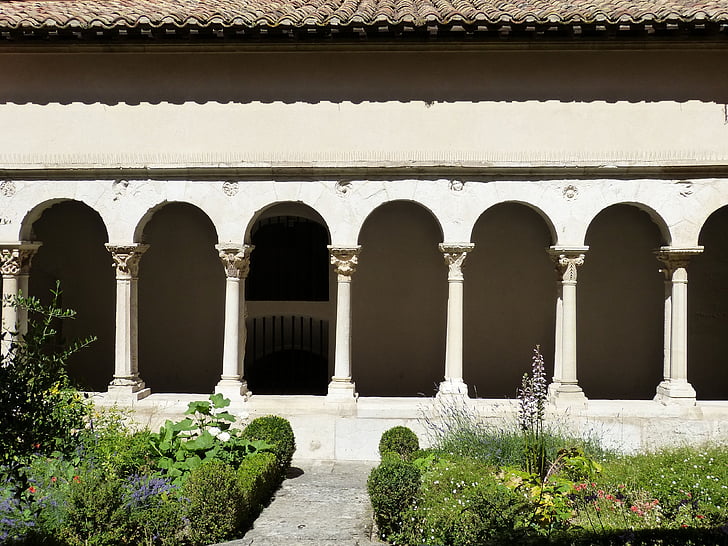 church, cloister, garden, monastery, architecture, rhaeto romanic, romanesque