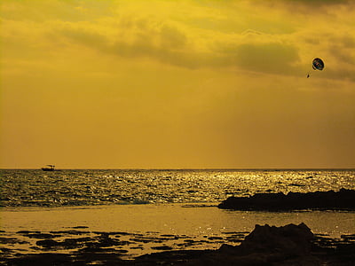 Kypros, solnedgang, båt, fallskjerm, moro, hav, sjøen