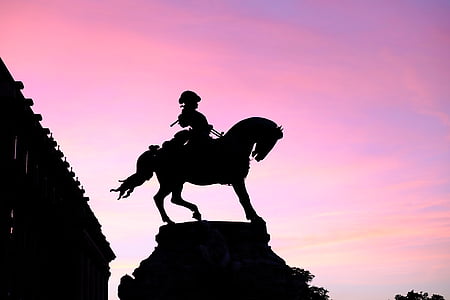 caballo, estatua de, luz de fondo, rosa, cielo, puesta de sol, Romance