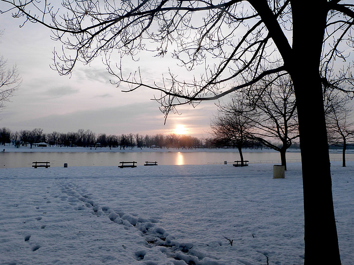 téli, tó, naplemente, táj, hideg, szezon, a szabadban