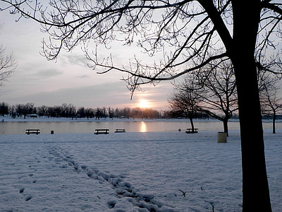 téli, tó, naplemente, táj, hideg, szezon, a szabadban