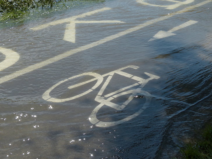 kerékpárút, ciklus path jeleket, karakterek, kerékpár, kerékpárút, magas víz, el