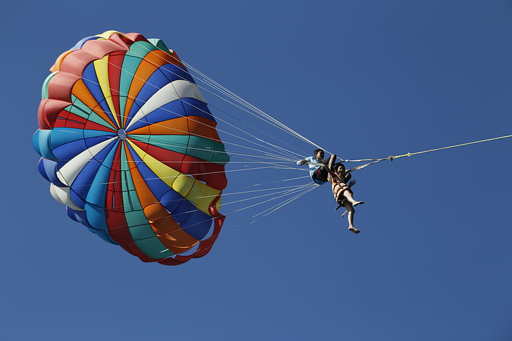 parachute, sun, brave, into different colors, sports, blue sky and white clouds, share it