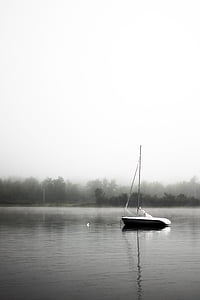 езеро, вода, лодка, ветроходство, мъгла, Черно и бяло, дървета