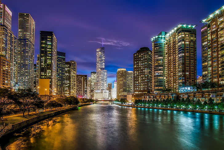 chicago, illinois, river, water, reflections, sunset, city