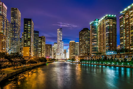 Chicago, Illinois, Río, agua, reflexiones, puesta de sol, ciudad