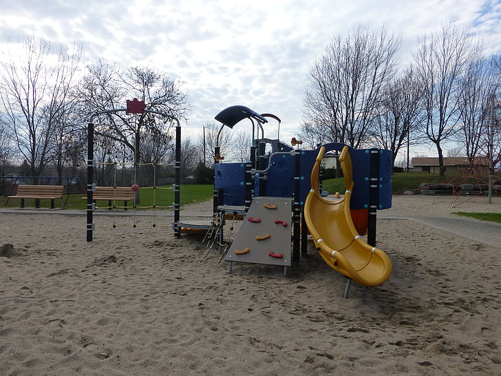 Parque infantil, campo de jogo, crianças, jogar, plástico, slide