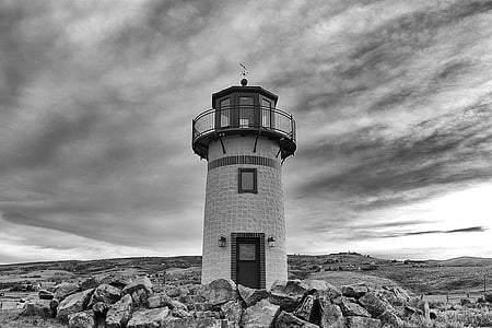 grayscale, photo, concrete, lighthouse, grey, sky, clouds