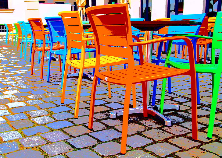 chairs, chair, colorful, seat, metal, mess, in the