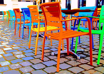 stolice, stolica, šarene, sjedište, metala, nered, u