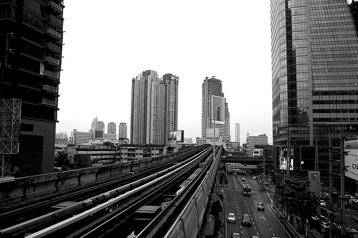 byen, Bangkok, tog, veier, skinnene, jernbane, delen