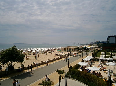 Bulgária, mar, praia, areia, passeio marítimo, praia ensolarada, parasol