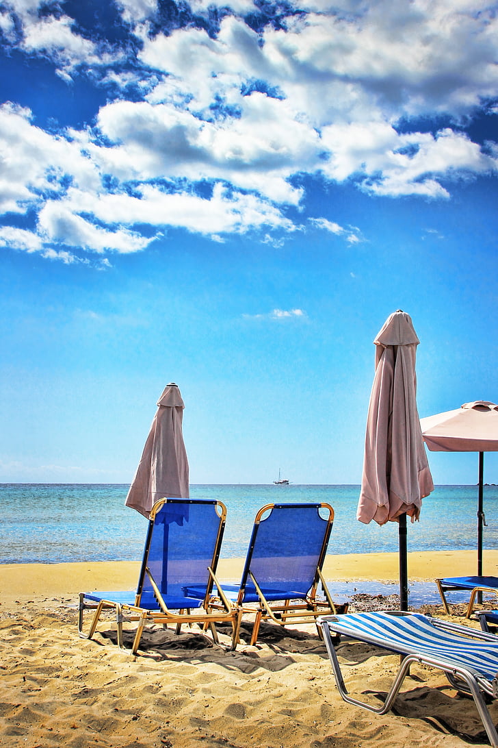 παραλία, ξαπλώστρα, ομπρέλα, Ενοικιαζόμενα, ξαπλώστρες, παραλία με άμμο, στη θάλασσα