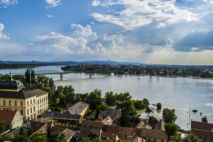 potop, Dunărea, Esztergom, Podul, Râul, albastru, cer