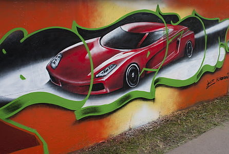 machine, graffiti, wall, speed, figure, red, car