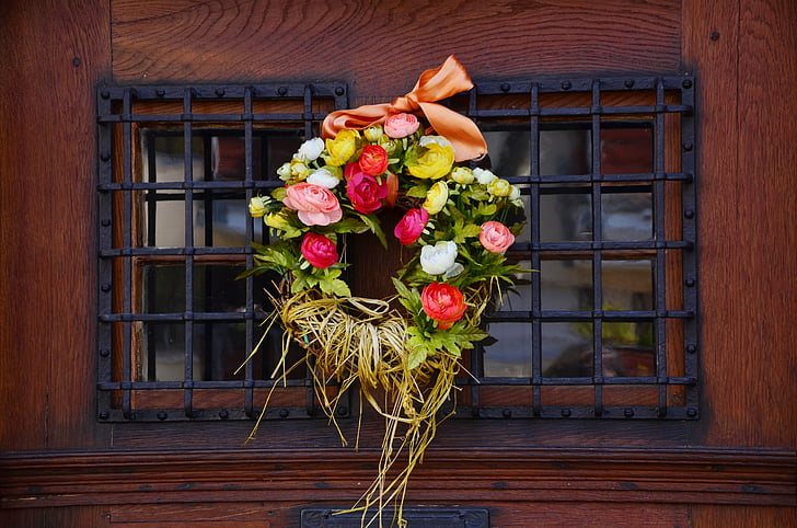 πόρτα στεφάνι, floral στεφάνι, λουλούδια, πόρτα, παλιά, ξύλο, πολύχρωμο