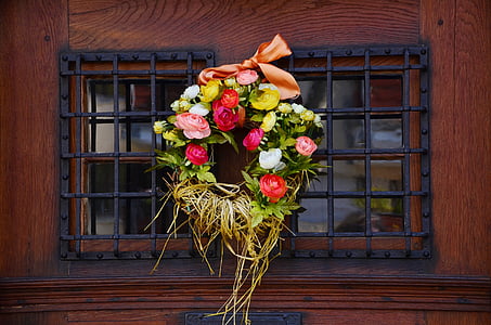Couronne de porte, Couronne florale, fleurs, porte, vieux, bois, coloré