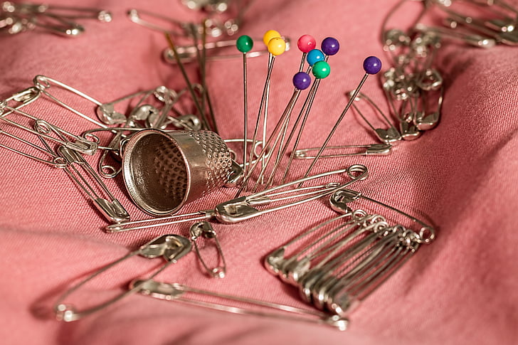 sewing, thimble, pins, safety pins, needle, mending, repair