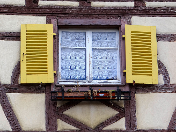 ventana, persianas, amarillo, marrón, casco antiguo, históricamente, Inicio