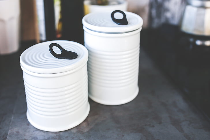 two, white, ceramic, jars, lid, gray, surface