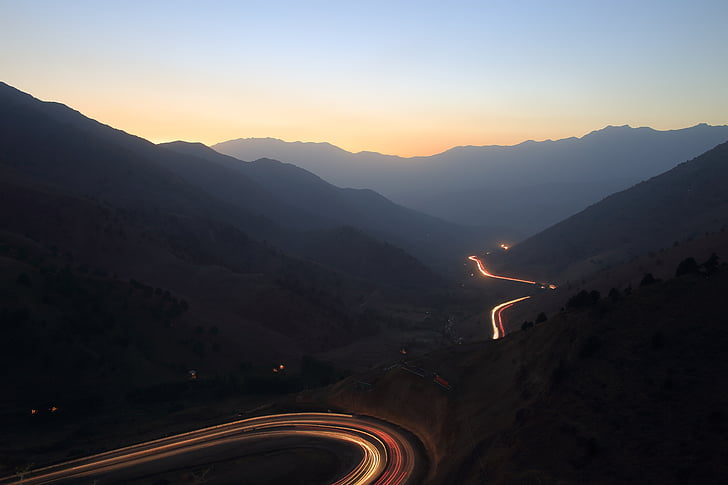 mountains, sunset, serpentine, road, sky, sunset in the mountains, mountain landscape